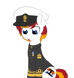 Size: 1226x1292 | Tagged: safe, artist:czaroslaw, derpibooru import, edit, oc, oc only, oc:silverfoot hoofler, earth pony, pony, clothes, cutie mark, female, hat, mare, medal, simple background, sitting, solo, tongue out, transparent background, uniform