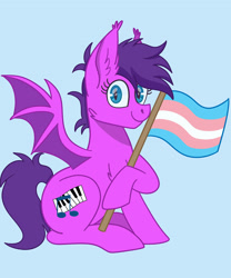 Size: 2000x2400 | Tagged: safe, artist:starlight-j, derpibooru import, oc, oc:melody bliss, bat pony, pony, chest fluff, ear fluff, ears, female, looking at you, mare, pride, pride flag, simple background, solo, spread wings, transgender, transgender pride flag, wings