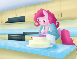 Size: 2600x2000 | Tagged: safe, artist:sixes&sevens, derpibooru import, pinkie pie, anthro, earth pony, apron, cake, chubby, clothes, female, food, icing bag, kitchen, one eye closed, oven, tongue out