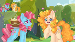 Size: 2732x1536 | Tagged: safe, artist:jennyberry, derpibooru import, screencap, cup cake, pear butter, earth pony, pony, the perfect pear, boomerang (tv channel), cake, chiffon swirl, cute, duo, female, flower, flower in hair, food, hoof on chest, mare, open mouth, pear tree, redraw, tree, younger