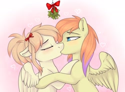 Size: 2132x1568 | Tagged: source needed, safe, artist:haruhi-il, derpibooru import, oc, oc only, pegasus, female, holiday, kissing, lesbian, mistletoe, oc x oc, pegasus oc, shipping, wings