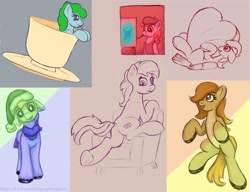 Size: 1300x1000 | Tagged: safe, artist:redquoz, derpibooru import, oc, oc only, bird, bird pone, earth pony, pegasus, pony, apron, beret, bird tail, blank flank, blepping, chair, christmas, clothes, collage, colored, cup, curly hair, curly mane, drawpile, earth pony oc, easel, female, flank, flying saucer, furniture, green mane, hat, heart, heart pillow, holiday, looking at you, looking back, mare, micro, paintbrush, painter, pegasus oc, pillow, santa hat, saucer, scarf, sketch, sketch dump, striped mane, tail flick, teacup, two tone, underhoof, url, wings