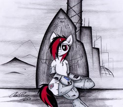 Size: 2429x2125 | Tagged: safe, artist:thechrispony, derpibooru import, oc, oc:blackjack, pony, unicorn, fallout equestria, fallout equestria: project horizons, concerned, cyber legs, fanfic art, female, hoofington, mare, sitting, solo, traditional art