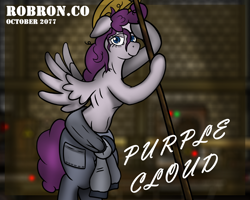 Size: 2622x2100 | Tagged: safe, artist:devorierdeos, derpibooru import, oc, oc:purple cloud, pegasus, fallout equestria, blue eyes, blurry background, clothes, female, hard hat, looking at you, pinup, solo