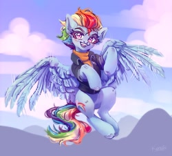 Size: 2048x1849 | Tagged: safe, artist:konejo, derpibooru import, rainbow dash, pegasus, pony, the last problem, clothes, flying, jacket, looking at you, older, older rainbow dash, scarf, solo, spread wings, wings