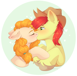 Size: 2028x2010 | Tagged: safe, artist:jennyberry, derpibooru import, bright mac, pear butter, earth pony, pony, brightbutter, ear fluff, ears, eyes closed, female, floppy ears, kissing, love, male, mare, shipping, stallion, straight