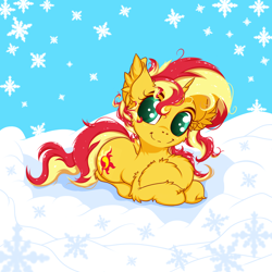 Size: 2500x2500 | Tagged: safe, artist:rurihal, derpibooru import, sunset shimmer, pony, unicorn, chest fluff, cute, ear fluff, ears, excessive chest fluff, female, shimmerbetes, snow, snowflake, solo