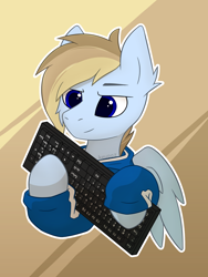 Size: 1536x2048 | Tagged: safe, artist:keupoz, derpibooru import, oc, oc only, oc:terncode, pegasus, commission, ear fluff, ears, keyboard, simple background, solo