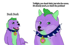 Size: 1000x620 | Tagged: safe, artist:slamjam, derpibooru import, spike, spike the regular dog, dog, equestria girls, barking, collar, doge, spike the dog, text, vulgar