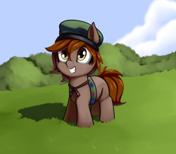 Size: 1626x1417 | Tagged: safe, artist:neuro, derpibooru import, oc, oc only, oc:honour bound, earth pony, pony, fanfic:everyday life with guardsmares, /mlp/, 4chan, earth pony oc, everyday life with guardsmares, female, filly, girl scout, girl scout uniform, hat, sash, smiling