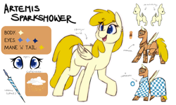 Size: 2000x1200 | Tagged: safe, artist:omiilett studios, derpibooru import, oc, oc only, oc:artemis sparkshower, pegasus, pony, fanfic:everyday life with guardsmares, armor, caparison, cutie mark, everyday life with guardsmares, female, guardsmare, lance, mare, pegasus oc, plate armor, reference sheet, royal guard, smiling, weapon, wings
