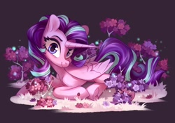 Size: 2048x1448 | Tagged: safe, artist:shore2020, derpibooru import, starlight glimmer, alicorn, pony, alicornified, commission, female, flower, looking at you, lying down, mare, race swap, smiling, solo, starlicorn, underhoof
