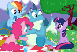 Size: 3549x2399 | Tagged: safe, artist:porygon2z, derpibooru import, pinkie pie, rainbow dash, twilight sparkle, oc, oc:gutz, dragon, earth pony, pegasus, pony, unicorn, basket, cake, fat, female, food, male, picnic, picnic basket, picnic blanket, water