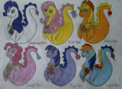 Size: 600x438 | Tagged: safe, artist:mimic951, derpibooru import, applejack, fluttershy, pinkie pie, rainbow dash, rarity, twilight sparkle, female, happy ness: the secret of the loch, loch ness monster, mane six, my little x, simple background, species swap, traditional art, white background