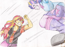 Size: 2386x1725 | Tagged: safe, artist:chelimaki, derpibooru import, sunset shimmer, twilight sparkle, human, equestria girls, clothes, fanart, leg warmers, my hero academia, reference, shoes, skirt, traditional art