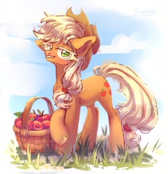 Size: 2079x2160 | Tagged: safe, artist:konejo, derpibooru import, applejack, earth pony, pony, apple, apple basket, basket, colored pupils, cute, cute little fangs, fangs, female, food, high res, looking at you, mare, solo