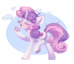 Size: 2048x1785 | Tagged: safe, artist:konejo, derpibooru import, sweetie belle, pony, unicorn, blushing, butt, chest fluff, colored hooves, cute, diasweetes, dock, ear fluff, ears, eyes closed, female, filly, leg fluff, music notes, plot, singing, solo