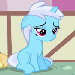 Size: 768x768 | Tagged: safe, derpibooru import, screencap, bloo, noi, pony, unicorn, a friend in deed, bloodorable, bloosad, cute, ears, female, filly, floppy ears, frown, linkelina, offscreen character, ponyville, sad, sad face, sadorable, sitting, smile song, solo, solo focus