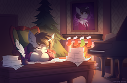 Size: 3138x2040 | Tagged: safe, artist:strafe blitz, derpibooru import, oc, oc only, oc:darius, pony, unicorn, christmas, christmas tree, clothes, desk, fire, fireplace, holiday, ink, inkwell, music notes, musical instrument, painting, paper, piano, quill, sleeping, solo, stockings, thigh highs, tree