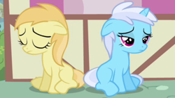 Size: 1280x720 | Tagged: safe, derpibooru import, screencap, bloo, noi, earth pony, pony, unicorn, a friend in deed, bloodorable, bloosad, cute, duo, duo female, ears, eyes closed, female, filly, floppy ears, frown, linkelina, noiabetes, noisad, ponyville, sad, sad face, sadorable, sitting, smile song