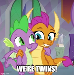 Size: 500x508 | Tagged: safe, derpibooru import, edit, edited screencap, editor:whistle blossom, screencap, smolder, spike, dragon, sweet and smoky, caption, cute, dragoness, duo, female, image macro, imgflip, male, smolderbetes, spikabetes, teenaged dragon, teenager, text, winged spike