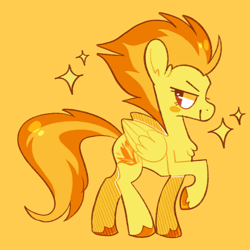 Size: 640x640 | Tagged: safe, artist:bumblesnail-art, derpibooru import, spitfire, pegasus, pony, chest fluff, colored hooves, female, mare, one hoof raised, orange background, profile, simple background, solo, sparkles