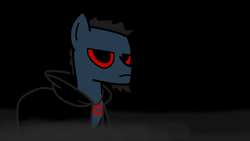 Size: 1920x1080 | Tagged: safe, artist:manerg, ponybooru exclusive, oc, oc:manerg, earth pony, black background, black mane, blue coat, cloak, clothes, facial hair, frown, jewelry, looking at you, male, mist, necklace, red sclera, simple background, solo, stallion, star