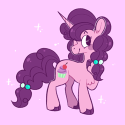Size: 1280x1280 | Tagged: safe, artist:bumblesnail-art, derpibooru import, sugar belle, pony, unicorn, chest fluff, cloven hooves, colored hooves, cute, female, mare, no pupils, one eye closed, pink background, simple background, solo, sugarbetes, wink