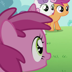 Size: 768x768 | Tagged: safe, derpibooru import, screencap, aura (character), ruby pinch, scootaloo, sweetie belle, pegasus, pony, unicorn, the cutie pox, cute, female, filly, offscreen character, pinchybetes, smiling, solo, solo focus