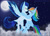 Size: 1280x916 | Tagged: safe, artist:misscandyt, derpibooru import, rainbow dash, soarin', pegasus, pony, butt feathers, cloud, colored wings, dancing, embrace, female, flying, male, moon, night, night sky, old cutie mark, shipping, sky, soarindash, stars, straight, wings