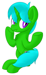 Size: 1156x1871 | Tagged: safe, artist:notadeliciouspotato, derpibooru import, oc, oc:green byte, pony, unicorn, commission, male, shrug, simple background, solo, stallion, transparent background