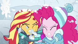 Size: 1920x1080 | Tagged: safe, derpibooru import, screencap, pinkie pie, sunset shimmer, better together, equestria girls, holidays unwrapped, clothes, duo, female, gloves, saving pinkie's pie, snow, snow fort, snowball fight, souffle, taking cover, winter, winter outfit