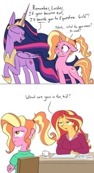 Size: 1800x3300 | Tagged: safe, artist:rocket-lawnchair, derpibooru import, luster dawn, princess twilight 2.0, sunset shimmer, twilight sparkle, twilight sparkle (alicorn), alicorn, human, pony, unicorn, equestria girls, the last problem, banished, banishment, clothes, comic, crown, cutie mark, desk, jewelry, mug, peytral, principal shimmer, regalia, shirt