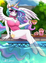 Size: 2000x2760 | Tagged: safe, artist:caliluminos, derpibooru import, princess celestia, alicorn, anthro, unguligrade anthro, beautisexy, breasts, clothes, fanart, female, hot, one-piece swimsuit, pink swimsuit, public, relaxing, sexy, swimsuit