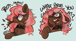 Size: 1109x609 | Tagged: safe, artist:goshhhh, derpibooru import, oc, oc:scarlet trace (coffee bean), earth pony, pony, angry, coffee, collar, earth pony oc, female, mare