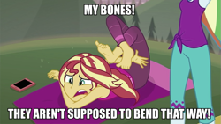 Size: 1065x599 | Tagged: safe, derpibooru import, edit, edited screencap, screencap, rainbow dash, sunset shimmer, better together, equestria girls, wake up!, wake up!: rainbow dash, caption, image macro, impact font, text, yoga