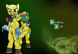 Size: 1791x1240 | Tagged: safe, artist:compoundlift, oc, oc only, oc:golden touch, oc:greenlight, pegasus, pony, /mlp/, bipedal, breaking bad, fourcannon, glasses, gun, handgun, hazmat suit, looking at you, male, pistol, stallion, weapon