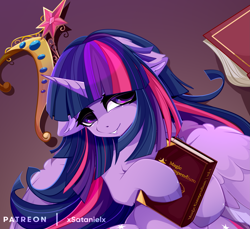 Size: 3149x2881 | Tagged: safe, artist:xsatanielx, derpibooru import, twilight sparkle, twilight sparkle (alicorn), alicorn, advertisement, big crown thingy, book, ears, element of magic, female, floppy ears, jewelry, patreon, patreon logo, patreon preview, paywall content, regalia, solo