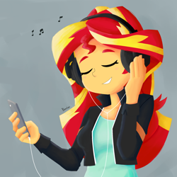 Size: 1800x1800 | Tagged: safe, artist:biocrine, derpibooru import, sunset shimmer, equestria girls, headphones, simple background, solo