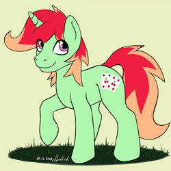 Size: 960x960 | Tagged: safe, artist:hellishnya, derpibooru import, oc, oc only, oc:jonin, pony, unicorn, horn, male, raised hoof, simple background, smiling, solo, stallion