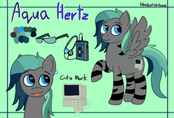 Size: 2500x1700 | Tagged: safe, artist:bloodysticktape, derpibooru import, rainbow dash, oc, oc only, pegasus, pony, 8 track, computer, computer mouse, ear piercing, glasses, headphones, pegasus oc, reference sheet, solo, spread wings, text, tongue out, wings