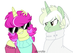 Size: 543x394 | Tagged: safe, artist:pigeorgien, derpibooru import, oc, oc only, oc:spring drops, oc:trefoil clover, pony, unicorn, angry, clothes, female, mare, safety goggles, simple background, smiling, suit, sweater, vexel