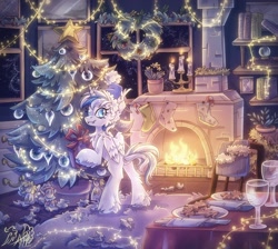 Size: 1714x1535 | Tagged: safe, artist:alexbluebird, derpibooru import, oc, oc only, alicorn, pony, alicorn oc, book, bookshelf, candle, candy, candy cane, chest fluff, christmas, christmas stocking, christmas tree, commission, cookie, dock, doll, fangs, fire, fireplace, fluffy, food, hat, holiday, horn, looking at you, night, present, rug, smiling, solo, toy, tree, wings