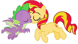 Size: 4254x2436 | Tagged: safe, artist:dragonchaser123, artist:tardifice, derpibooru import, spike, sunset shimmer, dragon, pony, unicorn, eyes closed, female, interspecies, kissing, male, shipping, simple background, straight, sunsetspike, transparent background, vector, winged spike