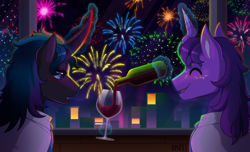 Size: 1150x700 | Tagged: safe, artist:lastnight-light, derpibooru import, oc, oc only, oc:midnight agate, oc:savvy shores, pony, unicorn, alcohol, fireworks, magic, male, stallion, wine