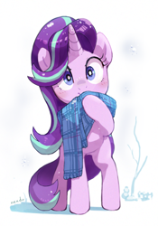 Size: 1400x2000 | Tagged: safe, artist:nendo, derpibooru import, starlight glimmer, pony, unicorn, clothes, cute, female, glimmerbetes, looking at you, mare, scarf, simple background, solo, white background