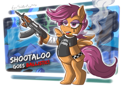 Size: 931x658 | Tagged: safe, artist:epicsubterfuge, derpibooru import, scootaloo, pegasus, pony, ak, ak-47, assault rifle, bedroom eyes, bipedal, cigarette, clothes, digital art, female, filly, gun, mare, open mouth, rifle, shirt, smoking, solo, spread wings, tail, weapon, wings, zastava m92