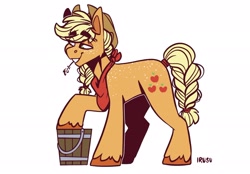 Size: 2048x1423 | Tagged: safe, artist:lrusu, derpibooru import, part of a set, applejack, applejack (male), earth pony, pony, bandana, braid, braided tail, bucket, colored hooves, cowboy hat, eye clipping through hair, eyebrows visible through hair, hat, lidded eyes, looking forward, male, rule 63, simple background, smiling, solo, stallion, straw in mouth, unshorn fetlocks, white background