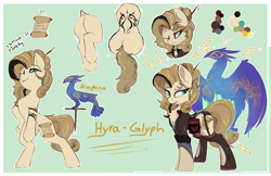 Size: 5100x3300 | Tagged: safe, artist:beardie, derpibooru import, oc, oc only, oc:alsephina, oc:hyra glyph, bird, earth pony, pony, bipedal, butt, chest fluff, clothes, female, fishnets, garters, jewelry, looking at you, looking back, mare, one eye closed, open mouth, plot, reference sheet, scroll, shirt, smiling, spirit, writing