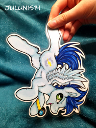 Size: 3000x4000 | Tagged: safe, artist:julunis14, derpibooru import, soarin', pegasus, pony, chest fluff, commission, ear fluff, ears, goggles, holding a pony, leg fluff, male, markers, open mouth, paper pony, photo, solo, spread wings, traditional art, upside down, wings